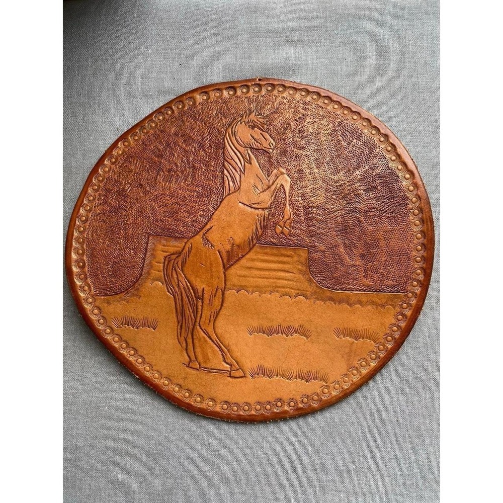 Vintage Leather Horse Stamped Design Round DIY Project Decor 9"
